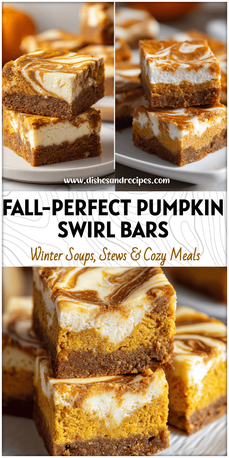 Golden pumpkin cream cheese swirl bars with marbled cheesecake layers and pumpkin brownie texture on a white plate.